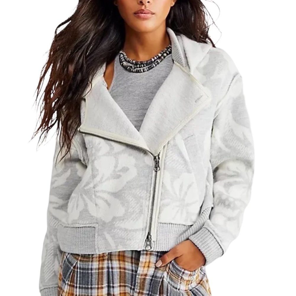 Free People Georgia Wool Sweater Jacket in Gray Floral Size XS NWT